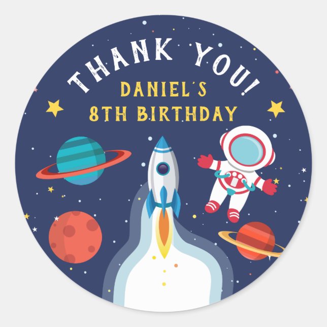 Astronaut Outer Space Birthday Thank You Classic Round Sticker (Front)