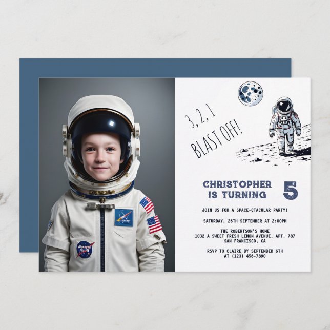 Astronaut Outer Space Blast Off Boy Birthday Photo Invitation (Front/Back)