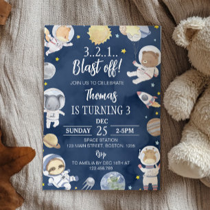 Astronaut Outer Space Blast Off Safari Birthday Invitation