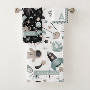 Astronaut Outer Space Explorer Cool Blue Pattern Bath Towel Set