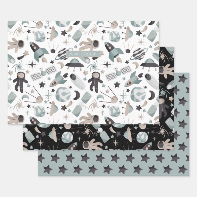 Astronaut Outer Space Explorer Cool Blue Pattern Wrapping Paper Sheet (Set)