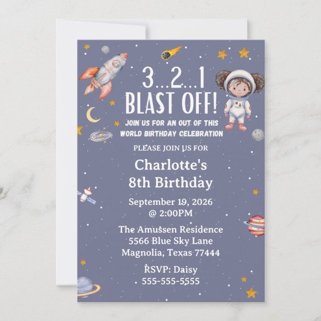 Astronaut Outer Space Girl Birthday Invitation (Front)
