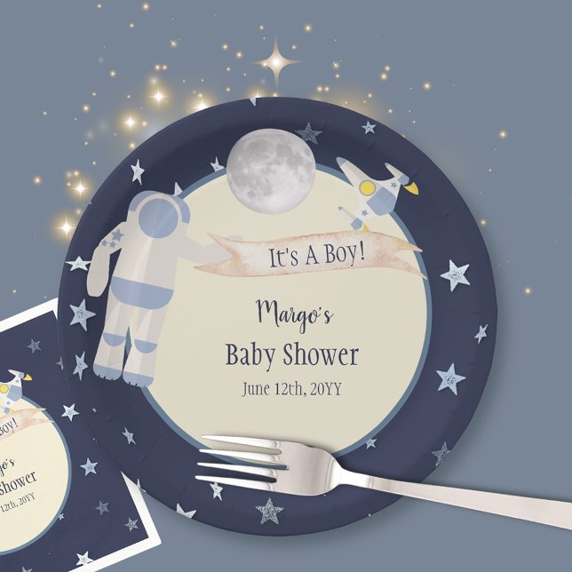 Astronaut Outer Space It's A Boy Baby Shower Paper Plate (Creator Uploaded)