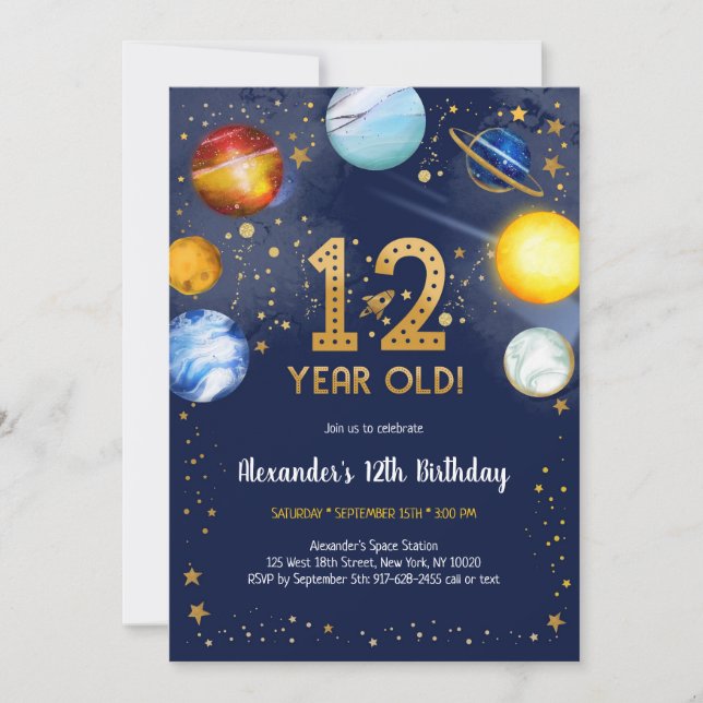 Astronaut Outer Space Planet Galaxy 12th Birthday Invitation (Front)