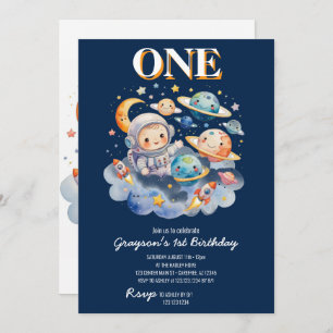 Astronaut Outer Space Planets Boy 1st Birthday Invitation