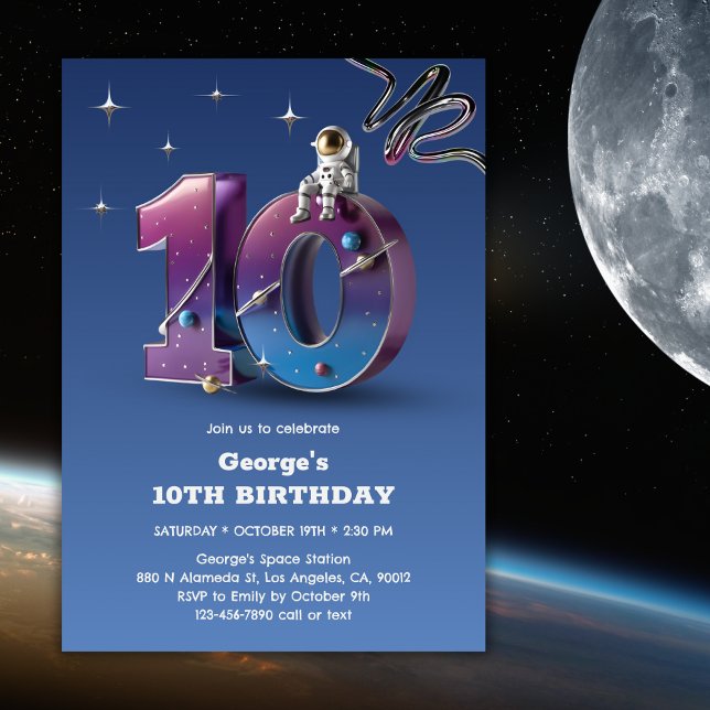 Astronaut Outer Space Themed Boy 10th Birthday Invitation (Creator Uploaded)