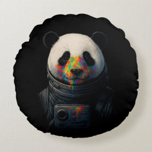 Astronaut Panda with Neon Paint Splash  Round Cushion