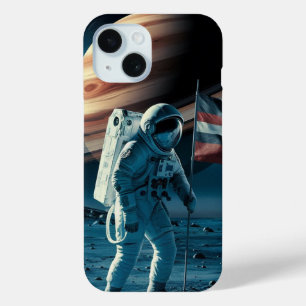 Astronaut placing a flag in saturn Phone Case