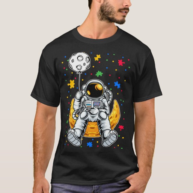 Astronaut & Planet Balloon Puzzle Piece Autism Awa T-Shirt (Front)