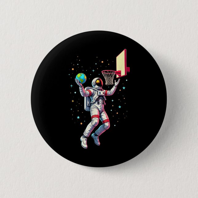 Astronaut Playing Basketball Planets Outer Space _ 6 Cm Round Badge (Front)