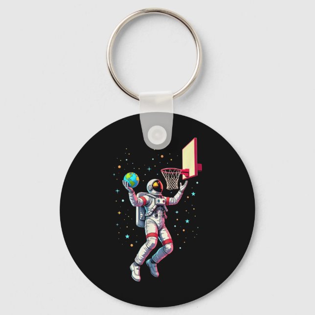 Astronaut Playing Basketball Planets Outer Space _ Key Ring (Front)