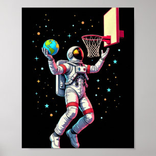 Astronaut Playing Basketball Planets Outer Space _ Poster