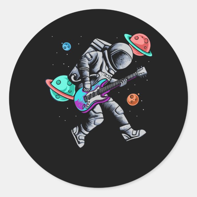 Astronaut Playing Guitar Space Planets Musician Classic Round Sticker (Front)