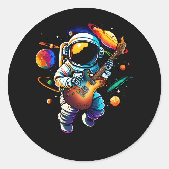 Astronaut Playing Guitar Space Planets Musician Sp Classic Round Sticker (Front)