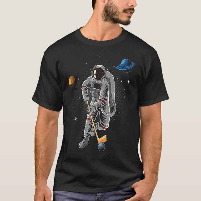 Astronaut playing Hockey in Space Planets Moon Men T-Shirt (Front)