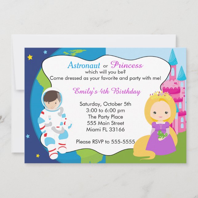 Astronaut Princess Kids Birthday Invitation (Front)