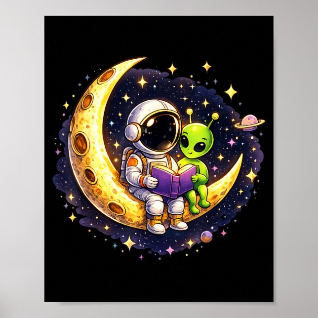 Astronaut reading book to alien moon space poster (Front)