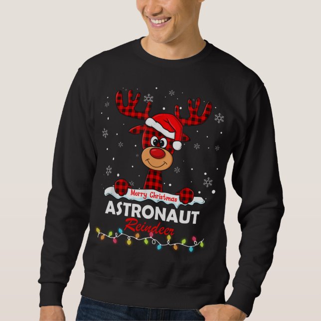 Astronaut Reindeer Santa Hat Buffalo Plaid Christm Sweatshirt (Front)
