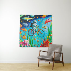 Astronaut riding a bibicle in the sea colourful po tapestry