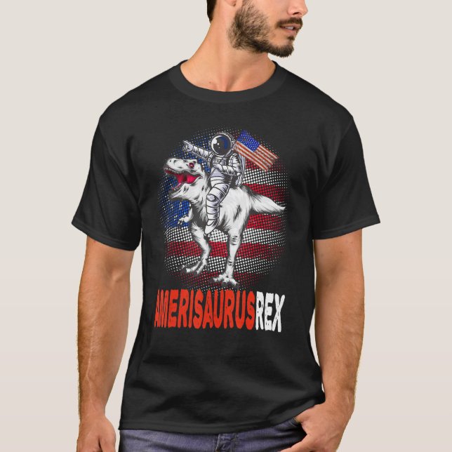 Astronaut Riding A Dinosaur American Flag 4th Of J T-Shirt (Front)