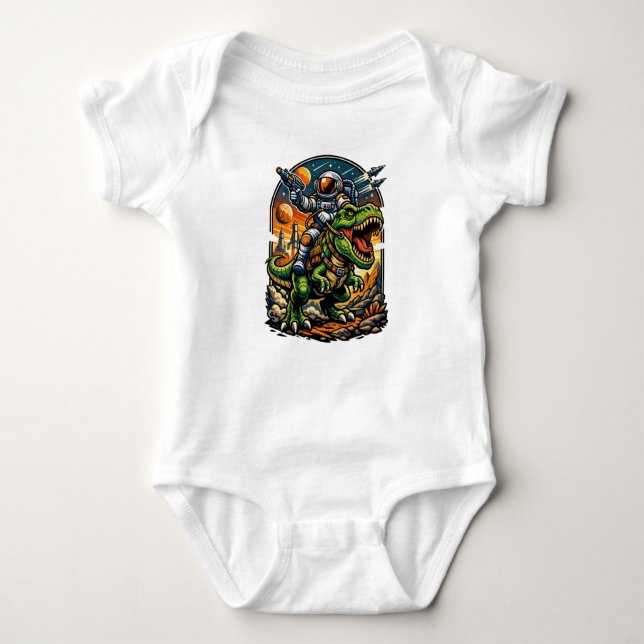 Astronaut Riding a T-Rex – Epic Space Dinosaur Baby Bodysuit (Front)