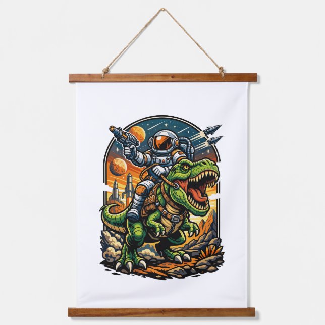 Astronaut Riding a T-Rex – Epic Space Dinosaur Hanging Tapestry (Front)