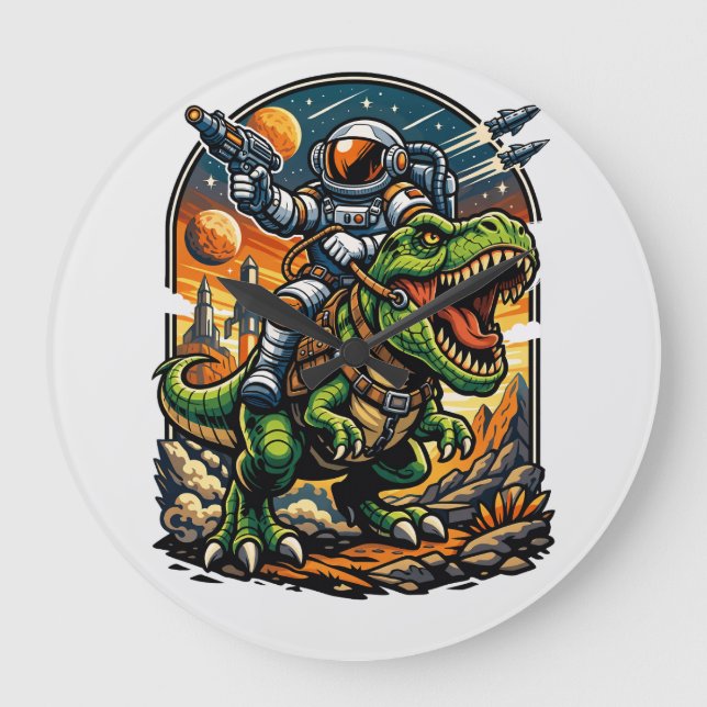 Astronaut Riding a T-Rex – Epic Space Dinosaur Large Clock (Front)