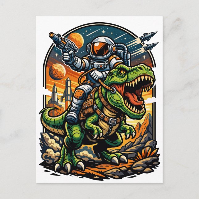 Astronaut Riding a T-Rex – Epic Space Dinosaur Postcard (Front)