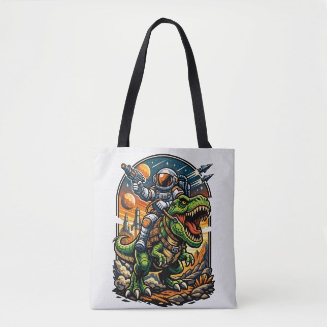 Astronaut Riding a T-Rex – Epic Space Dinosaur Tote Bag (Front)