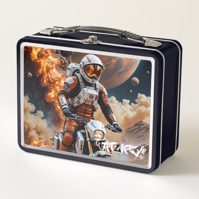 Astronaut Riding Motorcycle on Mars Metal Lunchbox (Front)