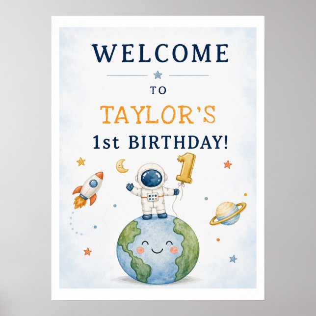 Astronaut Rocket 1st Birthday Welcome Poster (Front)