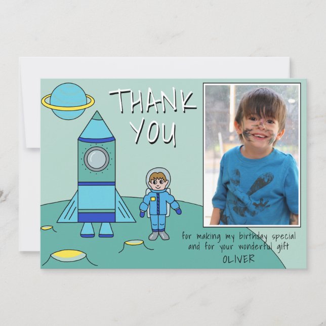 Astronaut Rocket Birthday Photo Thank you Card (Front)