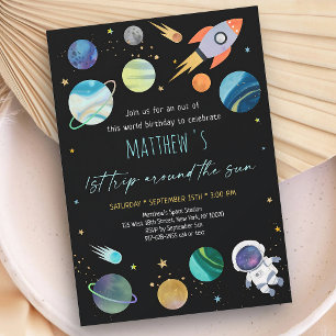 Astronaut Rocket Galaxy First Birthday Invitation