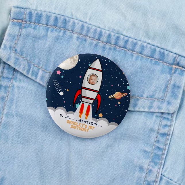 Astronaut Rocket Outer Space 1st Birthday Photo 6 Cm Round Badge (Creator Uploaded)