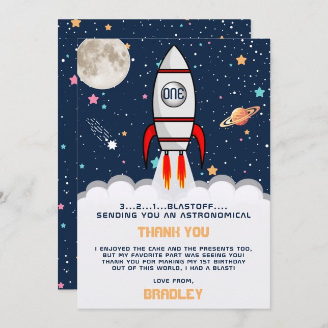 Astronaut Rocket Outer Space 1st Birthday Thank You Card (Front/Back)