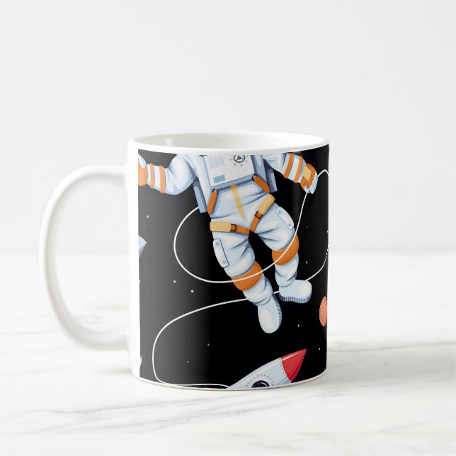 Astronaut Rocket: Vintage Space Seamless Pattern Coffee Mug (Left)