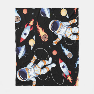 Astronaut Rocket: Vintage Space Seamless Pattern Fleece Blanket