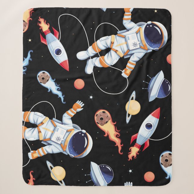 Astronaut Rocket: Vintage Space Seamless Pattern Sherpa Blanket (Front)