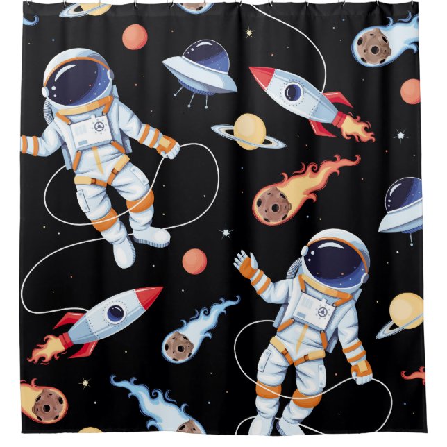 Astronaut Rocket: Vintage Space Seamless Pattern Shower Curtain (Front)