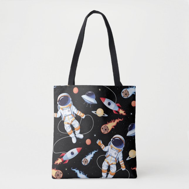 Astronaut Rocket: Vintage Space Seamless Pattern Tote Bag (Front)