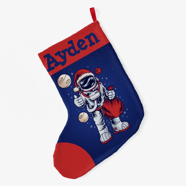 Astronaut Santa in Space Large Christmas Stocking (Back (Hanging))