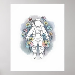 astronaut simple one line art continuous poster