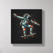 Astronaut Skateboarding In Stretched Canvas Print