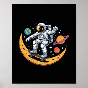 Astronaut Skateboarding Space Moon Planets Kids Poster