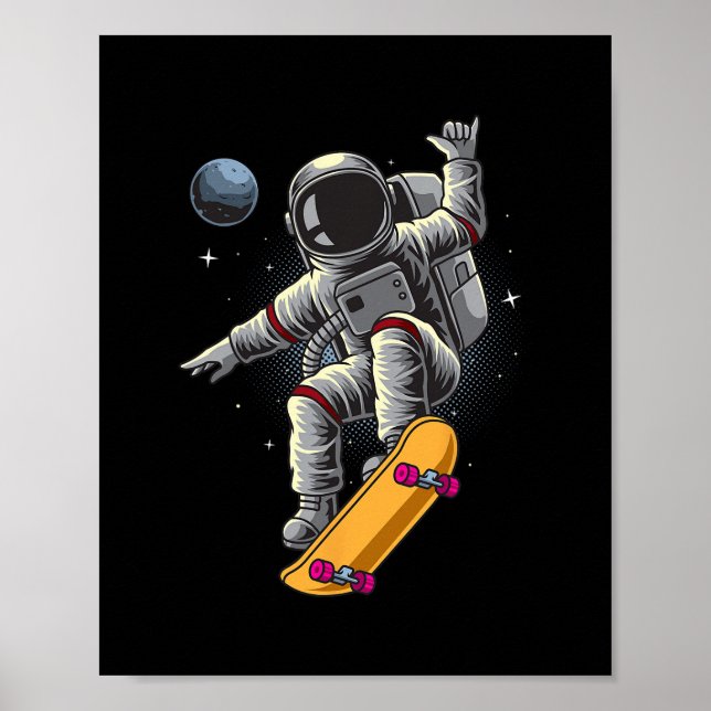 Astronaut Skateboarding Space Planets Moon Astrona Poster (Front)