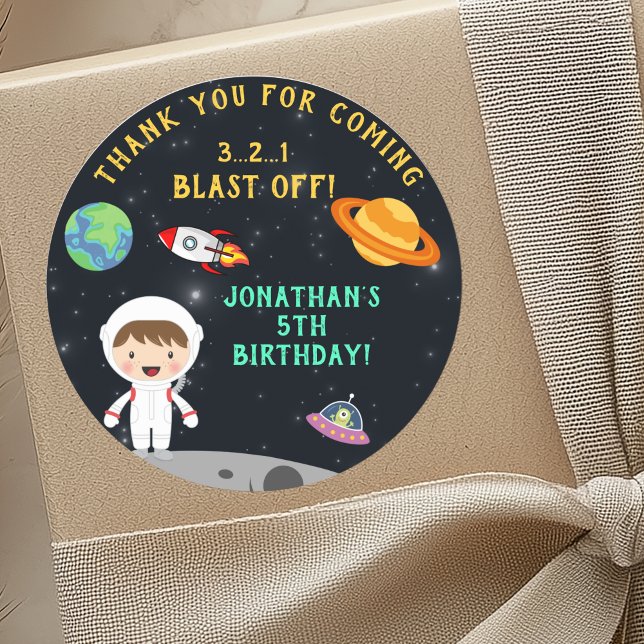Astronaut Space Birthday - Personalized Blast Off" Classic Round Sticker (Creator Uploaded)