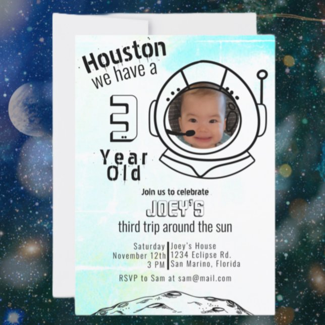Astronaut Space Blue Custom Photo Birthday  Invitation (Creator Uploaded)