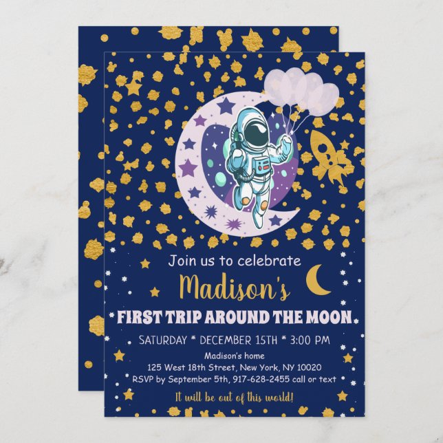 Astronaut Space First Trip Around Moon Birthday Invitation (Front/Back)