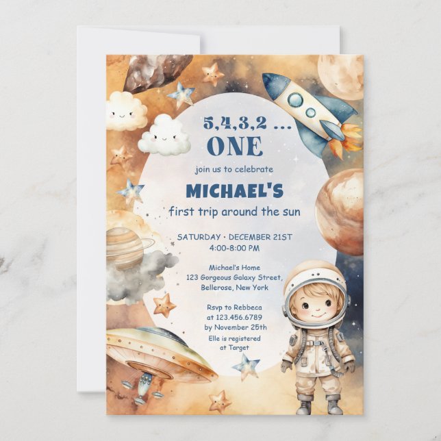 Astronaut Space First Trip Around The Sun Birthday Invitation (Front)