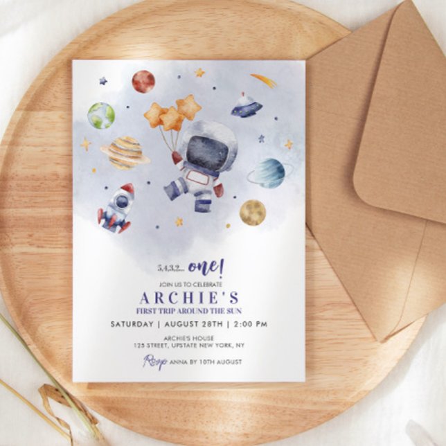 Astronaut Space First Trip Around The Sun Birthday Invitation (astronaut birthday invitations boy 1st birthday invitation template galaxy)
